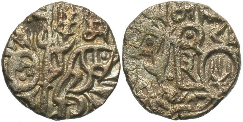 Coin of Someshvara Deva. (Somesvara Chauhan). Horseman right, with Devanagari legend (Sri) Some(svara Deva) around Bull seated left, with Devanagari legend Asa(vari Sri) Samanta (Deva) around.